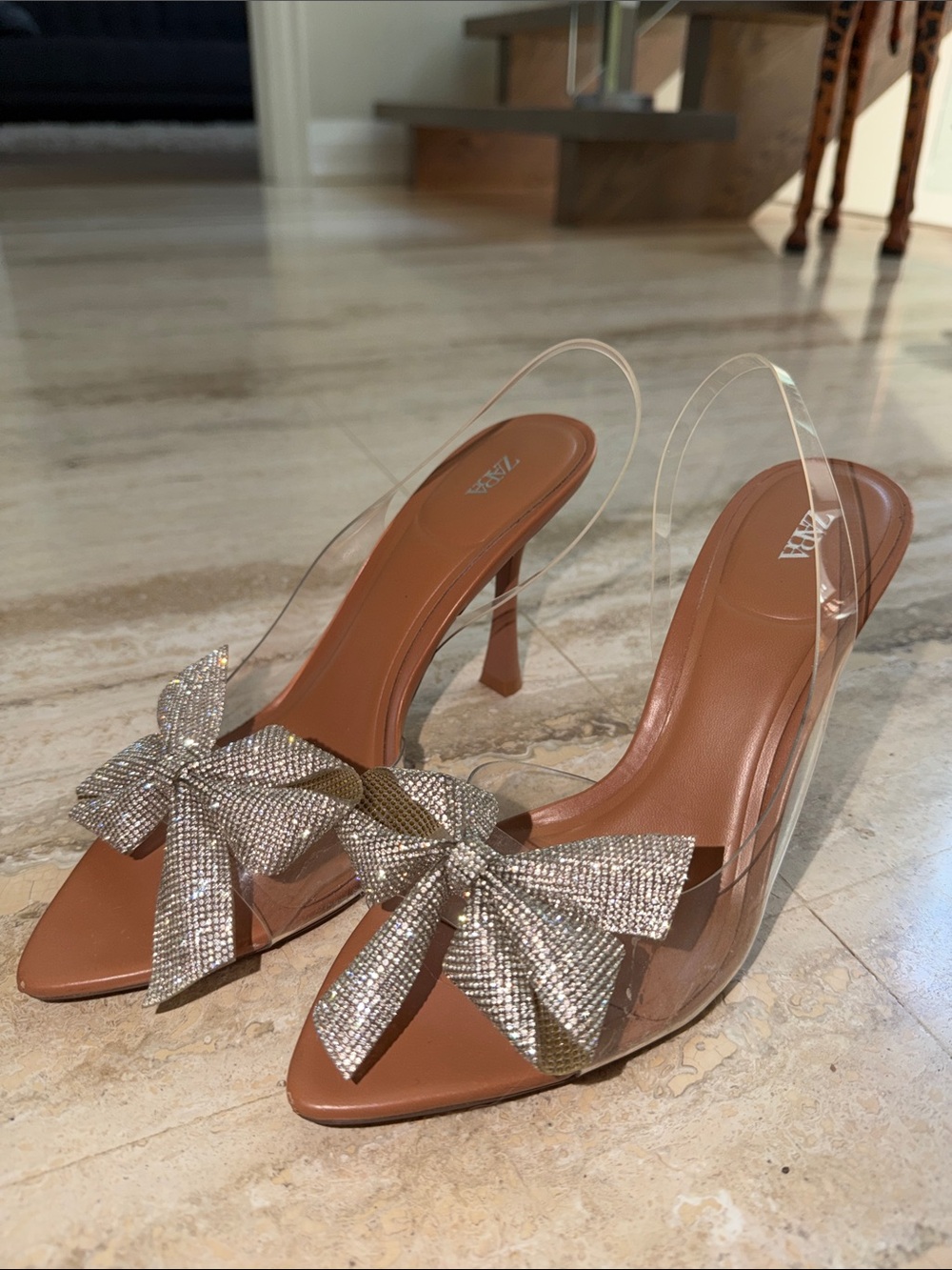 ZARA Clear PVC Mule Heels with Rhinestone Bow - Tan